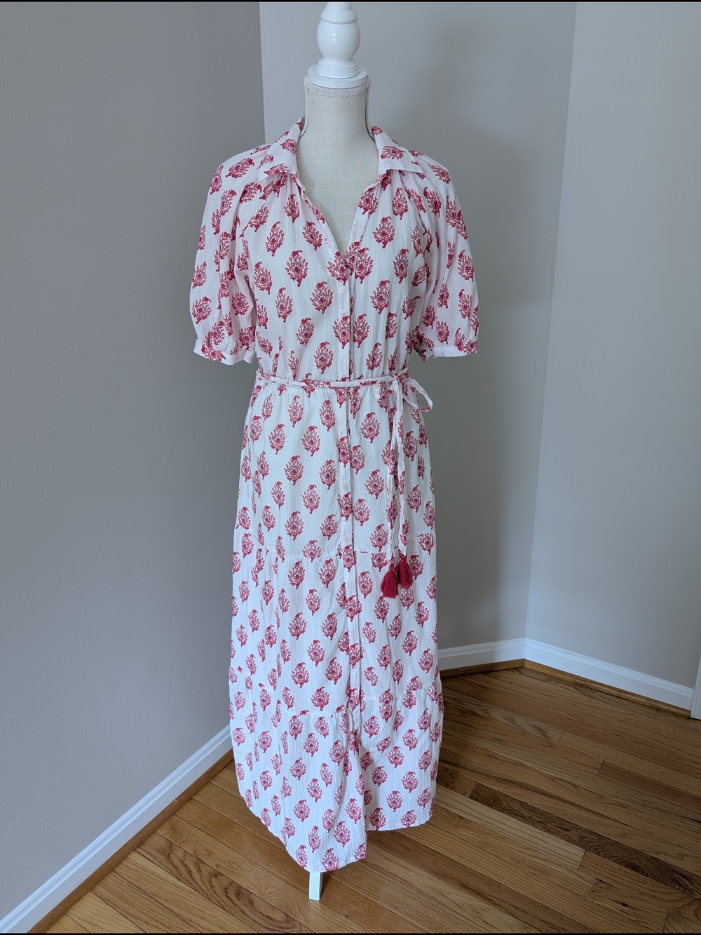 White & Pink Floral Button-Front Maxi Dress with Tie Waist